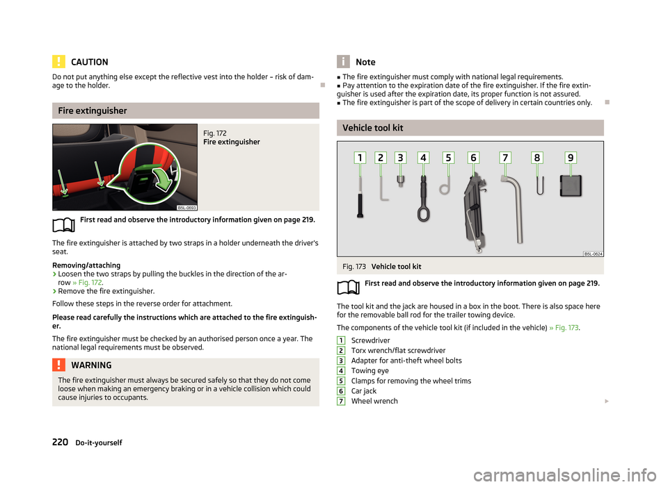 SKODA YETI 2013 1.G / 5L Owners Manual CAUTIONDo not put anything else except the reflective vest into the holder – risk of dam-
age to the holder.
Fire extinguisher
Fig. 172
Fire extinguisher
First read and observe the introductory SKODA YETI 2013 1.G / 5L Owners Manual CAUTIONDo not put anything else except the reflective vest into the holder – risk of dam-
age to the holder.
Fire extinguisher
Fig. 172
Fire extinguisher
First read and observe the introductory
