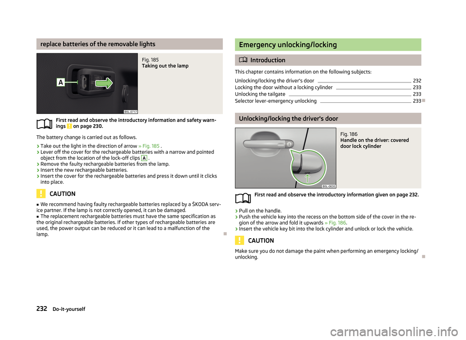 SKODA YETI 2013 1.G / 5L Owners Manual replace batteries of the removable lightsFig. 185
Taking out the lamp
First read and observe the introductory information and safety warn-
ings on page 230.
The battery change is carried out as foll SKODA YETI 2013 1.G / 5L Owners Manual replace batteries of the removable lightsFig. 185
Taking out the lamp
First read and observe the introductory information and safety warn-
ings on page 230.
The battery change is carried out as foll