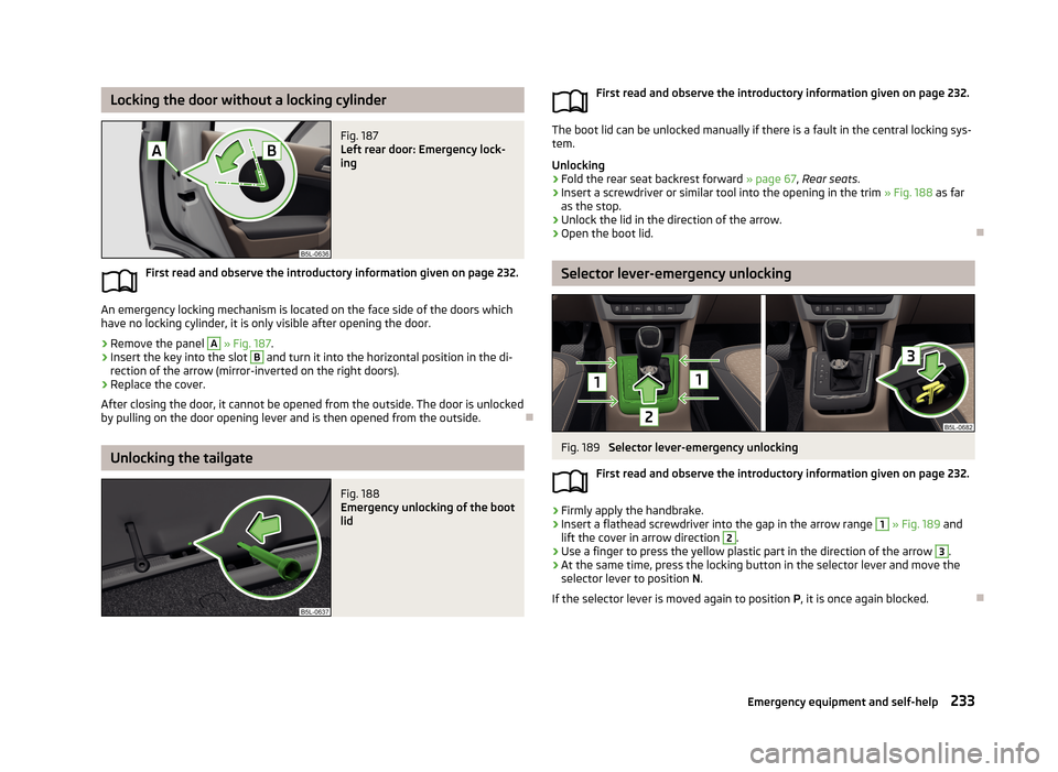 SKODA YETI 2013 1.G / 5L Owners Manual Locking the door without a locking cylinderFig. 187
Left rear door: Emergency lock-
ing
First read and observe the introductory information given on page 232.
An emergency locking mechanism is locate SKODA YETI 2013 1.G / 5L Owners Manual Locking the door without a locking cylinderFig. 187
Left rear door: Emergency lock-
ing
First read and observe the introductory information given on page 232.
An emergency locking mechanism is locate