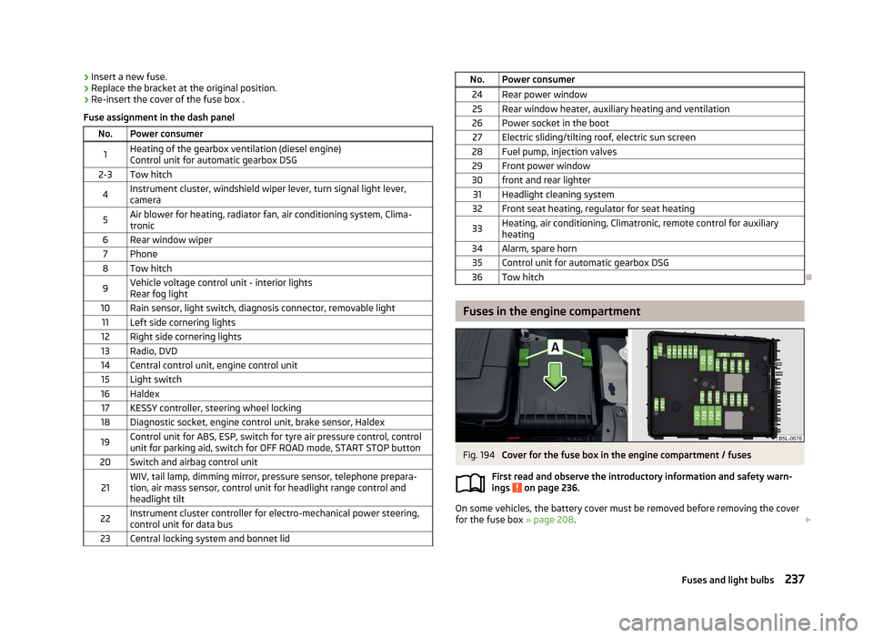 SKODA YETI 2013 1.G / 5L Owners Manual ›Insert a new fuse.›Replace the bracket at the original position.›
Re-insert the cover of the fuse box .
Fuse assignment in the dash panel
No.Power consumer1Heating of the gearbox ventilation (d SKODA YETI 2013 1.G / 5L Owners Manual ›Insert a new fuse.›Replace the bracket at the original position.›
Re-insert the cover of the fuse box .
Fuse assignment in the dash panel
No.Power consumer1Heating of the gearbox ventilation (d