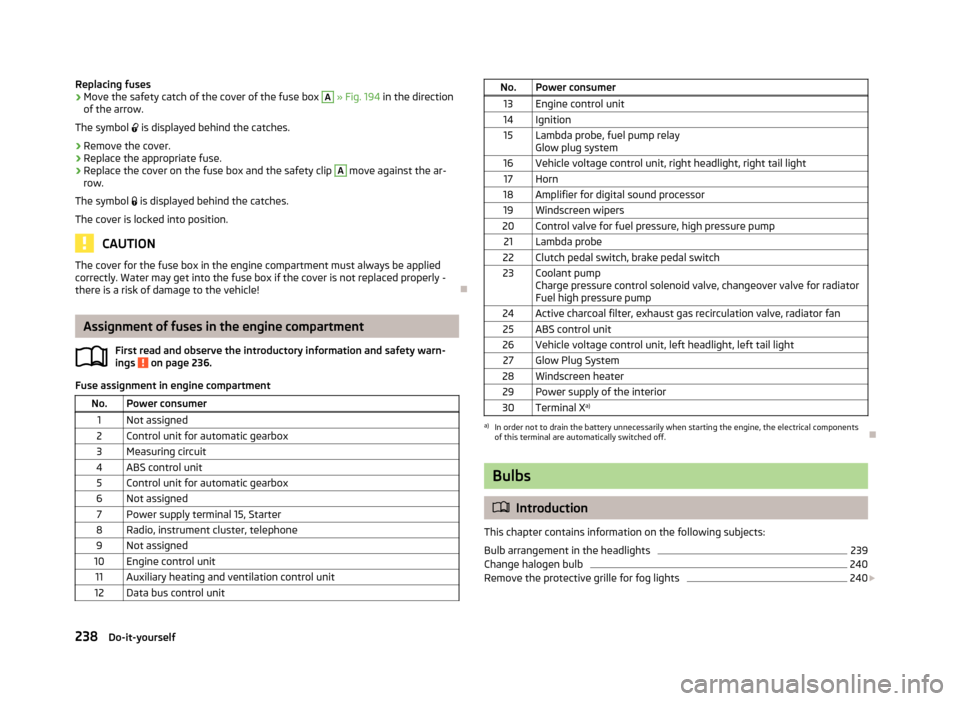 SKODA YETI 2013 1.G / 5L Owners Manual Replacing fuses›Move the safety catch of the cover of the fuse box A » Fig. 194 in the direction
of the arrow.
The symbol is displayed behind the catches.›
Remove the cover.
›
Replace the SKODA YETI 2013 1.G / 5L Owners Manual Replacing fuses›Move the safety catch of the cover of the fuse box A » Fig. 194 in the direction
of the arrow.
The symbol is displayed behind the catches.›
Remove the cover.
›
Replace the