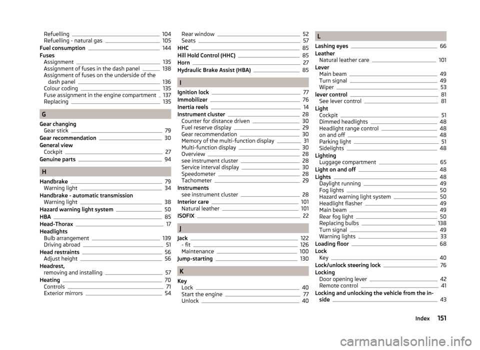 SKODA CITIGO 2014 1.G Owners Manual Refuelling104
Refuelling - natural gas105
Fuel consumption144
Fuses Assignment
135
Assignment of fuses in the dash panel138
Assignment of fuses on the underside of the dash panel
136
Colour coding135
