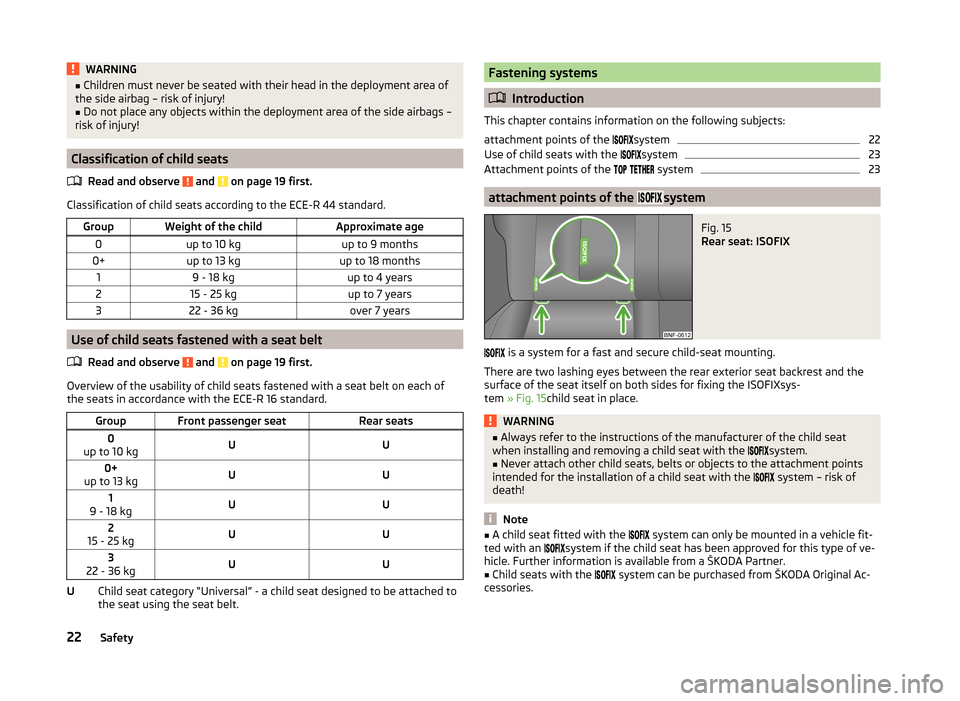 SKODA CITIGO 2014 1.G User Guide WARNING■Children must never be seated with their head in the deployment area of
the side airbag – risk of injury!■
Do not place any objects within the deployment area of the side airbags –
ris