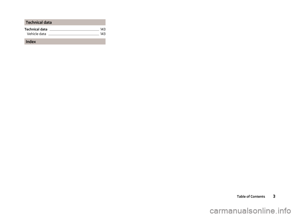 SKODA CITIGO 2014 1.G Owners Manual Technical data
Technical data143
Vehicle data
143
Index
3Table of Contents 