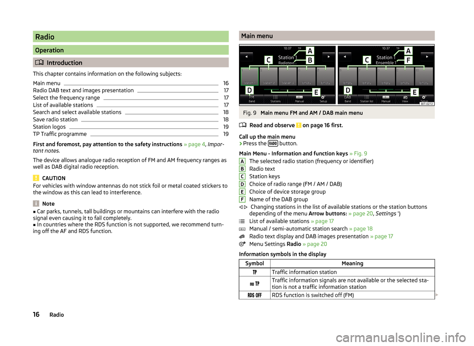 SKODA FABIA 2014 3.G / NJ Bolero Car Radio Manual Radio
Operation
Introduction
This chapter contains information on the following subjects:
Main menu
16
Radio DAB text and images presentation
17
Select the frequency range
17
List of available stat