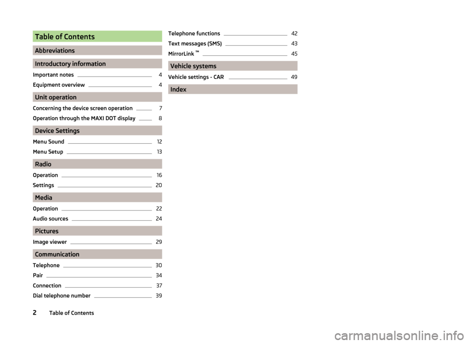 SKODA FABIA 2014 3.G / NJ Bolero Car Radio Manual Table of Contents
Abbreviations
Introductory information
Important notes
4
Equipment overview
4
Unit operation
Concerning the device screen operation
7
Operation through the MAXI DOT display
8
Device 