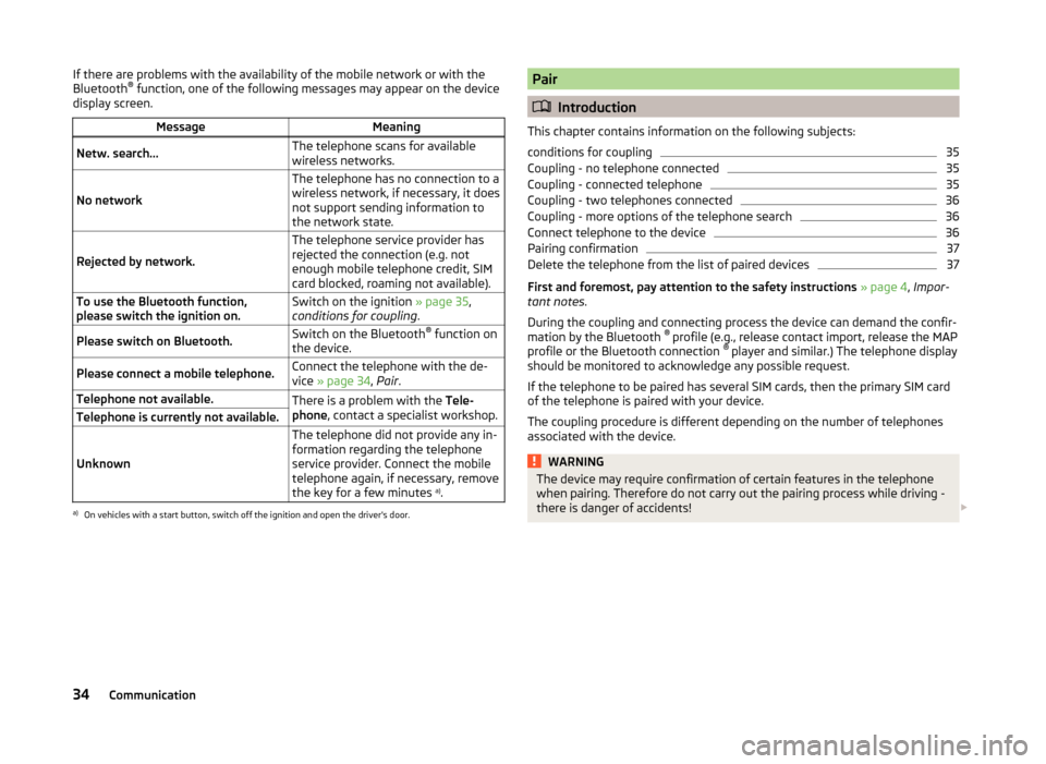 SKODA FABIA 2014 3.G / NJ Bolero Car Radio Manual If there are problems with the availability of the mobile network or with the
Bluetooth ®
 function, one of the following messages may appear on the device
display screen.MessageMeaningNetw. search�