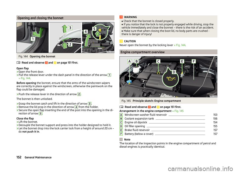 SKODA FABIA 2014 3.G / NJ Owners Manual Opening and closing the bonnetFig. 144
Opening the bonnet
Read and observe
and on page 151 first.
Open flap
›
Open the front door.
›
Pull the release lever under the dash panel in the directio SKODA FABIA 2014 3.G / NJ Owners Manual Opening and closing the bonnetFig. 144
Opening the bonnet
Read and observe
and on page 151 first.
Open flap
›
Open the front door.
›
Pull the release lever under the dash panel in the directio
