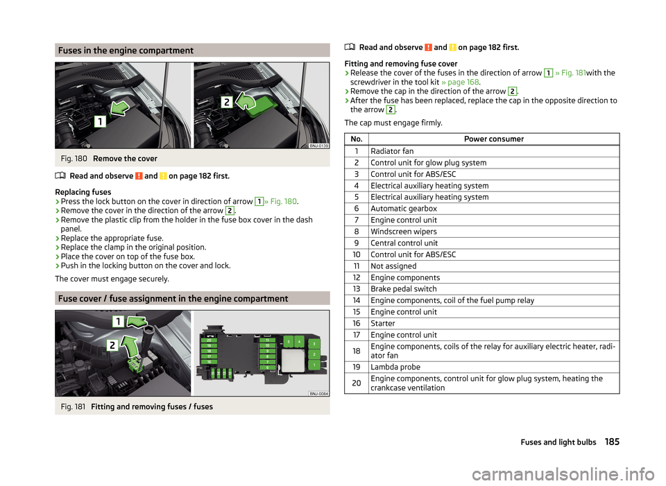 SKODA FABIA 2014 3.G / NJ Owners Manual Fuses in the engine compartmentFig. 180 
Remove the cover
Read and observe 
 and  on page 182 first.
Replacing fuses
›
Press the lock button on the cover in direction of arrow 
1
» Fig. 180 .
›
R