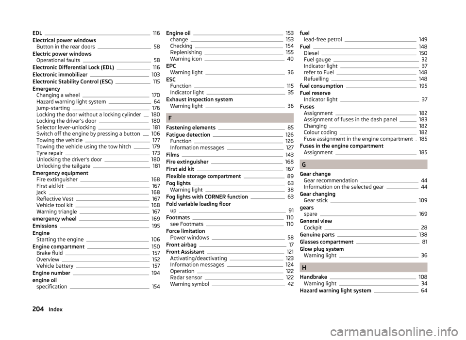 SKODA FABIA 2014 3.G / NJ Owners Guide EDL116
Electrical power windows Button in the rear doors
58
Electric power windows Operational faults
58
Electronic Differential Lock (EDL)116
Electronic immobilizer103
Electronic Stability Control (E