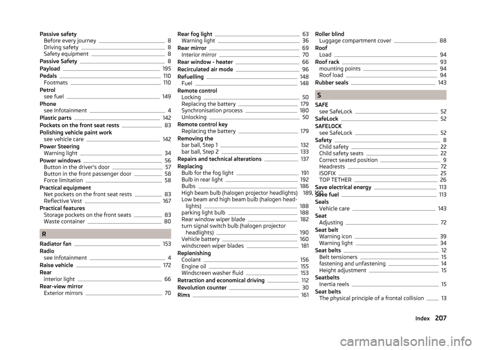 SKODA FABIA 2014 3.G / NJ User Guide Passive safetyBefore every journey8
Driving safety8
Safety equipment8
Passive Safety8
Payload195
Pedals110
Footmats110
Petrol see fuel
149
Phone see Infotainment
4
Plastic parts142
Pockets on the fron