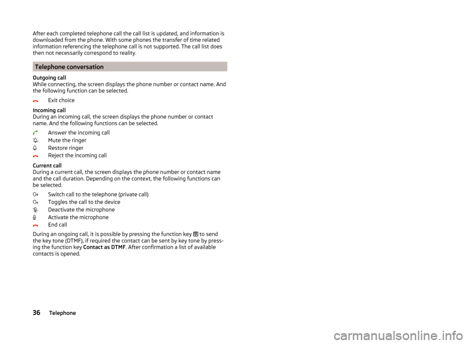 SKODA FABIA 2014 3.G / NJ Swing Infotinment Car Radio Manual After each completed telephone call the call list is updated, and information is
downloaded from the phone. With some phones the transfer of time related
information referencing the telephone call is 