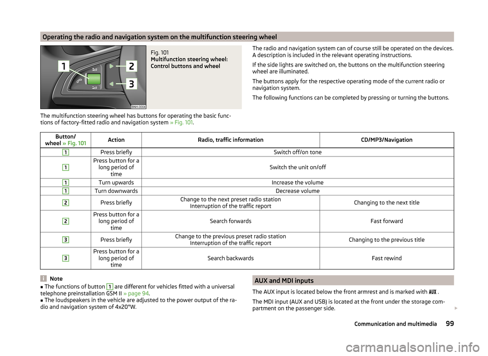 SKODA FABIA 2014 2.G / 5J Owners Manual Operating the radio and navigation system on the multifunction steering wheelFig. 101 
Multifunction steering wheel:
Control buttons and wheel
The multifunction steering wheel has buttons for operatin