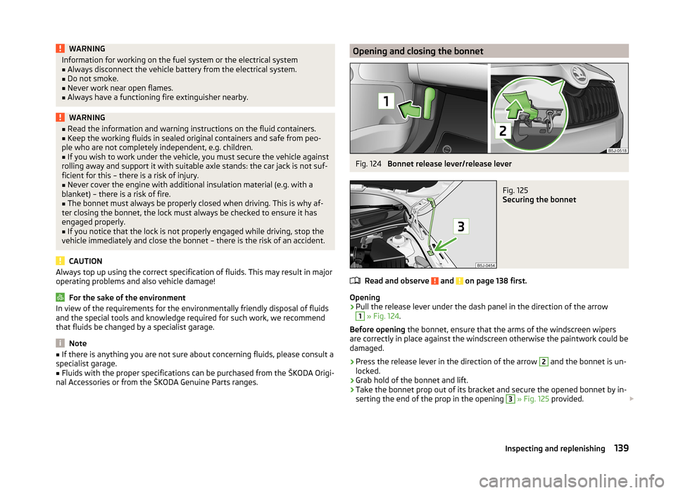 SKODA FABIA 2014 2.G / 5J Owners Manual WARNINGInformation for working on the fuel system or the electrical system■Always disconnect the vehicle battery from the electrical system.■
Do not smoke.
■
Never work near open flames.
■
Alw SKODA FABIA 2014 2.G / 5J Owners Manual WARNINGInformation for working on the fuel system or the electrical system■Always disconnect the vehicle battery from the electrical system.■
Do not smoke.
■
Never work near open flames.
■
Alw