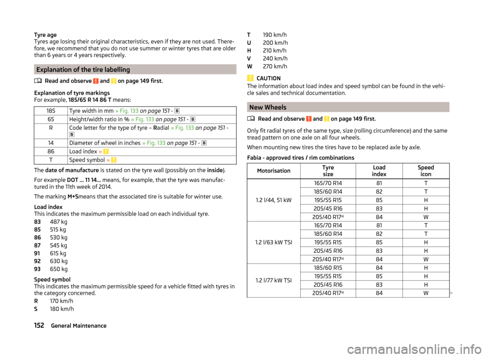 SKODA FABIA 2014 2.G / 5J Owners Manual Tyre age
Tyres age losing their original characteristics, even if they are not used. There-
fore, we recommend that you do not use summer or winter tyres that are older
than 6 years or 4 years respect SKODA FABIA 2014 2.G / 5J Owners Manual Tyre age
Tyres age losing their original characteristics, even if they are not used. There-
fore, we recommend that you do not use summer or winter tyres that are older
than 6 years or 4 years respect