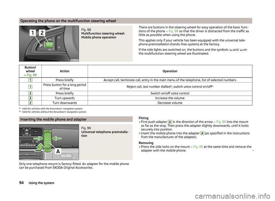 SKODA FABIA 2014 2.G / 5J Owners Manual Operating the phone on the multifunction steering wheelFig. 98 
Multifunction steering wheel:
Mobile phone operation
There are buttons in the steering wheel for easy operation of the basic func- tions