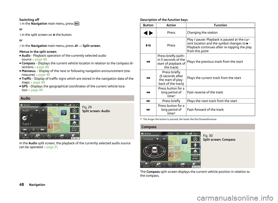 SKODA OCTAVIA 2014 3.G / (5E) Amundsen Infotainment Navigation System Manual Switching off›In the Navigation  main menu, press  .
or›
in the split screen on  
 the button.
or
›
In the  Navigation  main menu, press 
 
→  Split screen .
Menus in the split 