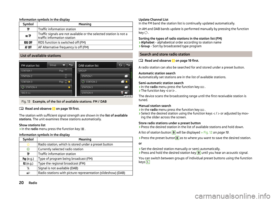 SKODA OCTAVIA 2014 3.G / (5E) Bolero Car Radio Manual Information symbols in the displaySymbolMeaningTraffic information station Traffic signals are not available or the selected station is not atraffic information station SKODA OCTAVIA 2014 3.G / (5E) Bolero Car Radio Manual Information symbols in the displaySymbolMeaningTraffic information station Traffic signals are not available or the selected station is not atraffic information station 