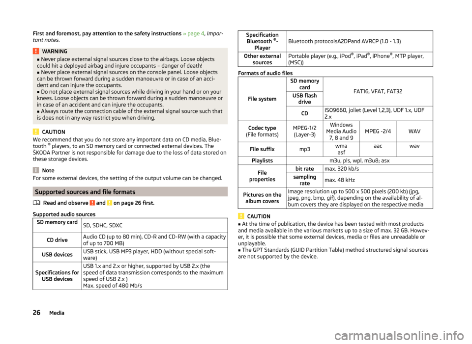 SKODA OCTAVIA 2014 3.G / (5E) Bolero Car Radio Manual First and foremost, pay attention to the safety instructions » page 4 , Impor-
tant notes .WARNING■
Never place external signal sources close to the airbags. Loose objects
could hit a deployed airb