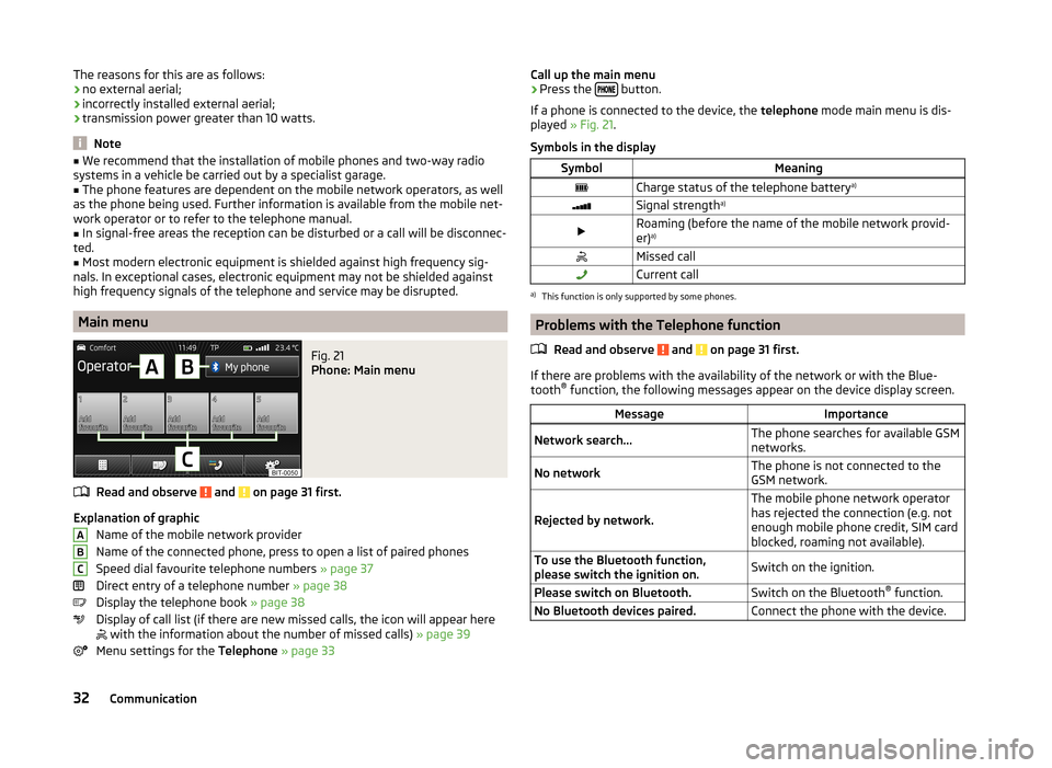 SKODA OCTAVIA 2014 3.G / (5E) Bolero Car Radio Manual The reasons for this are as follows:
› no external aerial;
› incorrectly installed external aerial;
› transmission power greater than 10 watts.
Note
■
We recommend that the installation of mob