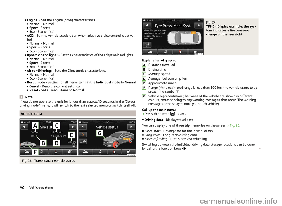 SKODA OCTAVIA 2014 3.G / (5E) Bolero Car Radio Manual ■Engine: - Set the engine (drive) characteristics
■ Normal - Normal
■ Sport - Sports
■ Eco - Economical
■ ACC: - Set the vehicle acceleration when adaptive cruise control is activa-
ted SKODA OCTAVIA 2014 3.G / (5E) Bolero Car Radio Manual ■Engine: - Set the engine (drive) characteristics
■ Normal - Normal
■ Sport - Sports
■ Eco - Economical
■ ACC: - Set the vehicle acceleration when adaptive cruise control is activa-
ted