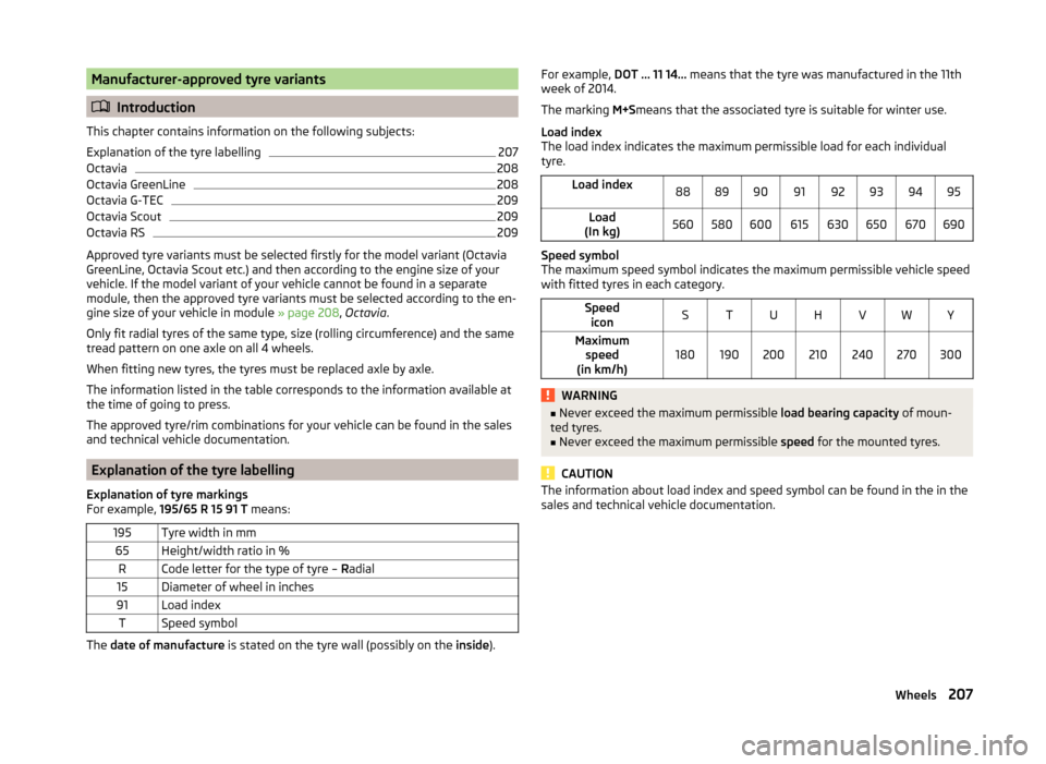 SKODA OCTAVIA 2014 3.G / (5E) Owners Manual Manufacturer-approved tyre variants
Introduction
This chapter contains information on the following subjects:
Explanation of the tyre labelling
207
Octavia
208
Octavia GreenLine
208
Octavia G-TEC
2