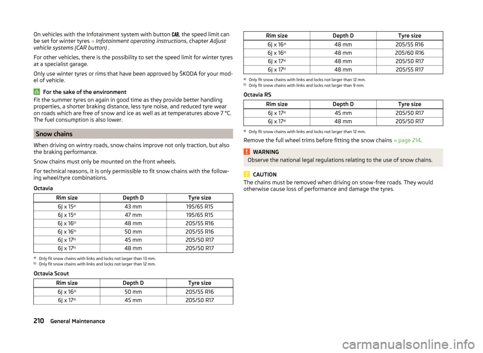 SKODA OCTAVIA 2014 3.G / (5E) Owners Guide On vehicles with the Infotainment system with button , the speed limit can
be set for winter tyres  » Infotainment operating instructions , chapter Adjust
vehicle systems (CAR button)  .
For