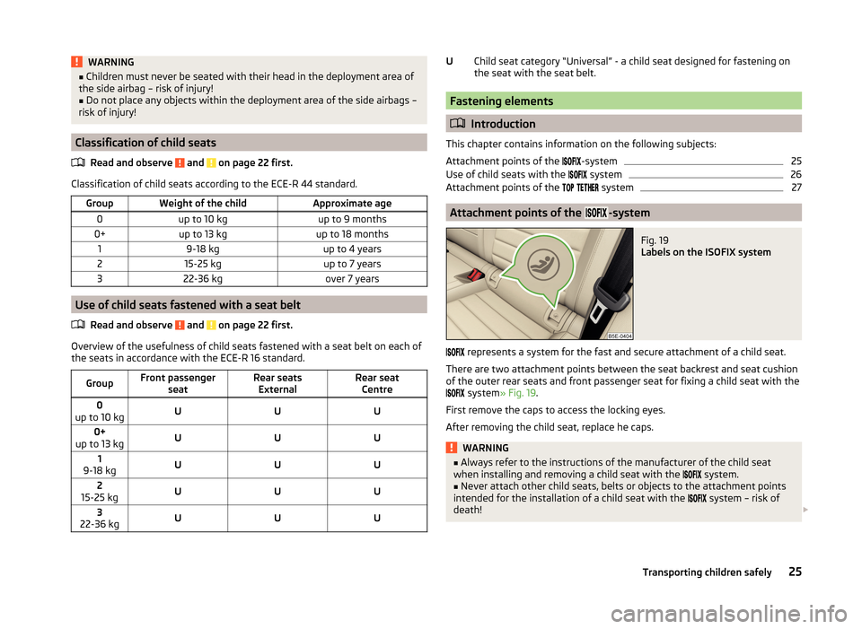 SKODA OCTAVIA 2014 3.G / (5E) Owners Manual WARNING■Children must never be seated with their head in the deployment area of
the side airbag – risk of injury!■
Do not place any objects within the deployment area of the side airbags –
ris