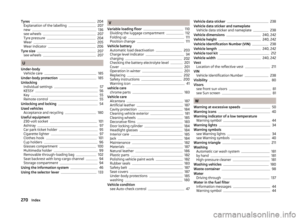 SKODA OCTAVIA 2014 3.G / (5E) Owners Manual Tyres204
Explanation of the labelling207
new136
see wheels207
Tyre pressure204
Wear205
Wear indicator206
Tyre size207
see wheels207
U
Under-body Vehicle care
185
Under-body protection185
Unlocking Ind