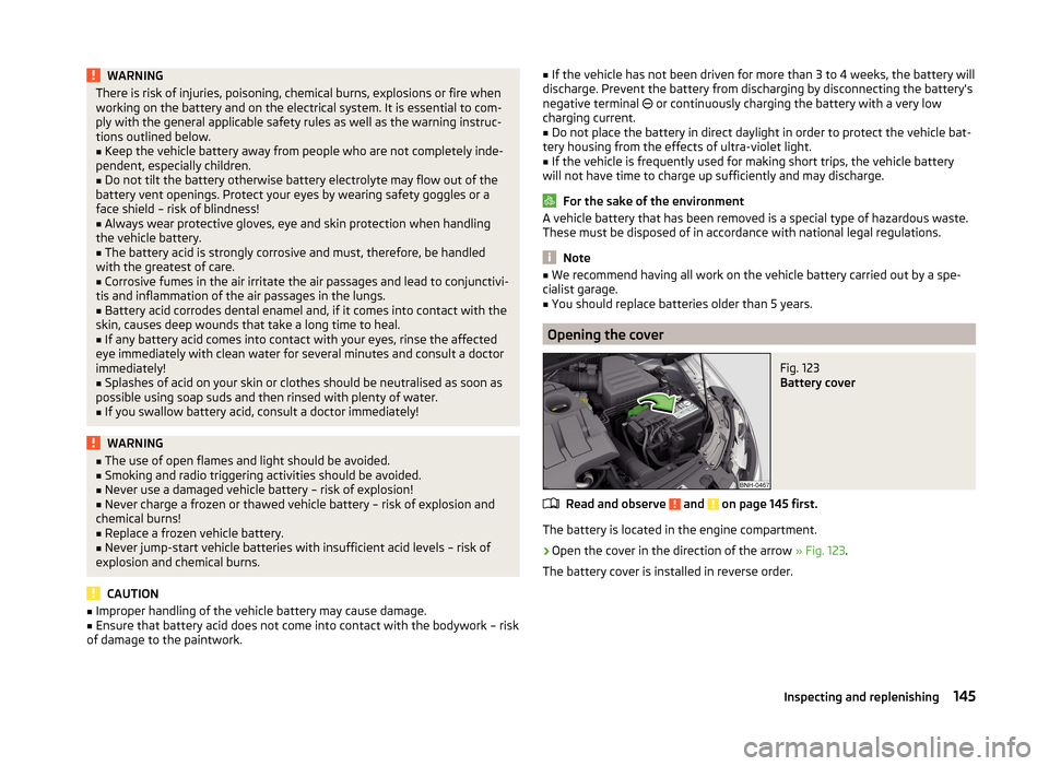 SKODA RAPID 2014 1.G Owners Manual WARNINGThere is risk of injuries, poisoning, chemical burns, explosions or fire when
working on the battery and on the electrical system. It is essential to com-
ply with the general applicable safety