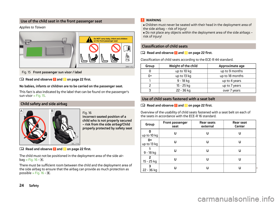 SKODA RAPID 2014 1.G Owners Manual Use of the child seat in the front passenger seat
Applies to TaiwanFig. 15 
Front passenger sun visor / label
Read and observe 
 and  on page 22 first.
No babies, infants or children are to be carried