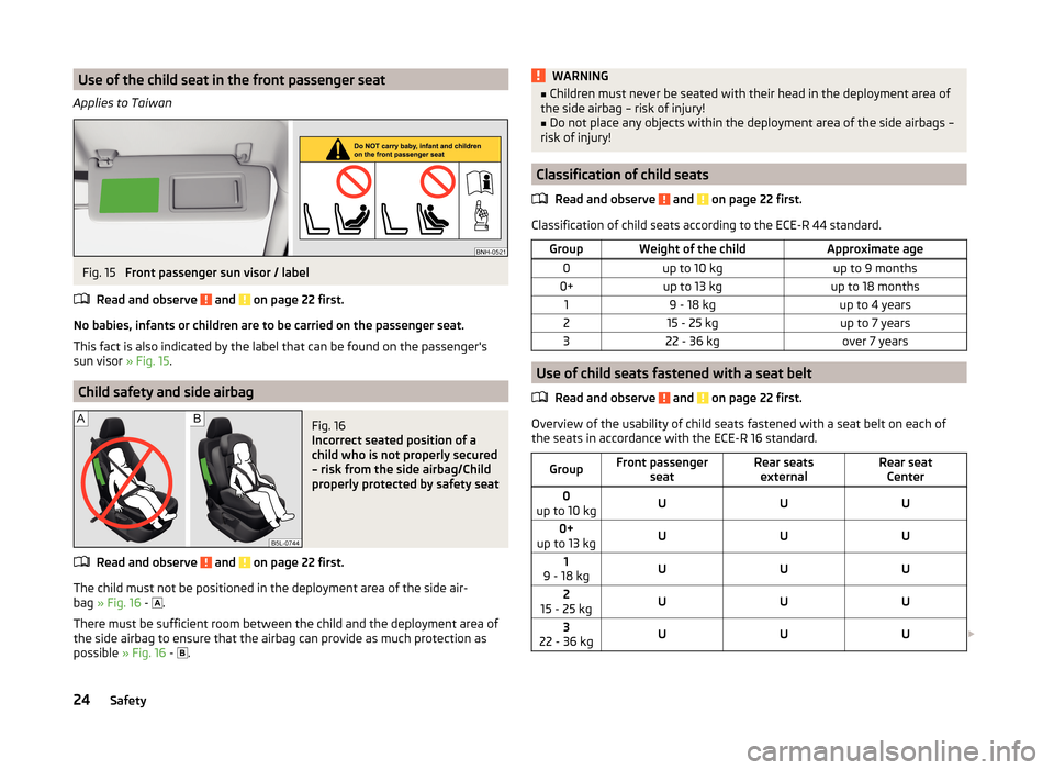 SKODA RAPID 2014 1.G Owners Guide Use of the child seat in the front passenger seat
Applies to TaiwanFig. 15
Front passenger sun visor / label
Read and observe
and on page 22 first.
No babies, infants or children are to be carried SKODA RAPID 2014 1.G Owners Guide Use of the child seat in the front passenger seat
Applies to TaiwanFig. 15
Front passenger sun visor / label
Read and observe
and on page 22 first.
No babies, infants or children are to be carried