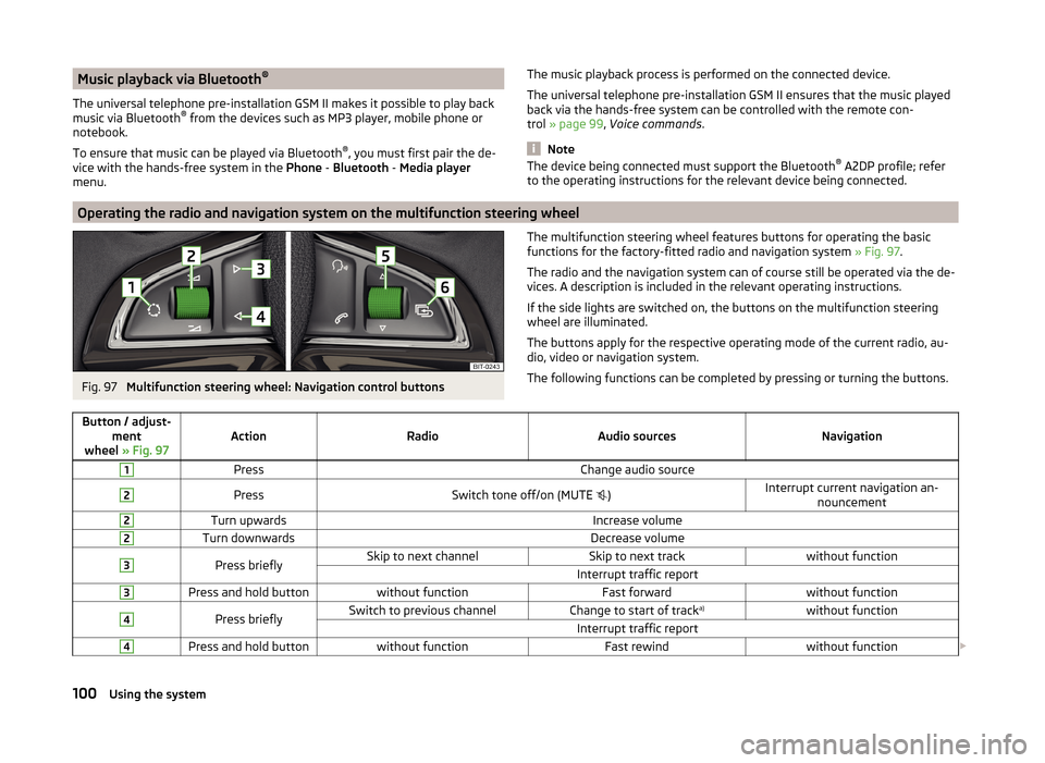 SKODA RAPID SPACEBACK 2014 1.G Owners Manual Music playback via Bluetooth®
The universal telephone pre-installation GSM II makes it possible to play back
music via Bluetooth ®
from the devices such as MP3 player, mobile phone or
notebook.
To SKODA RAPID SPACEBACK 2014 1.G Owners Manual Music playback via Bluetooth®
The universal telephone pre-installation GSM II makes it possible to play back
music via Bluetooth ®
from the devices such as MP3 player, mobile phone or
notebook.
To