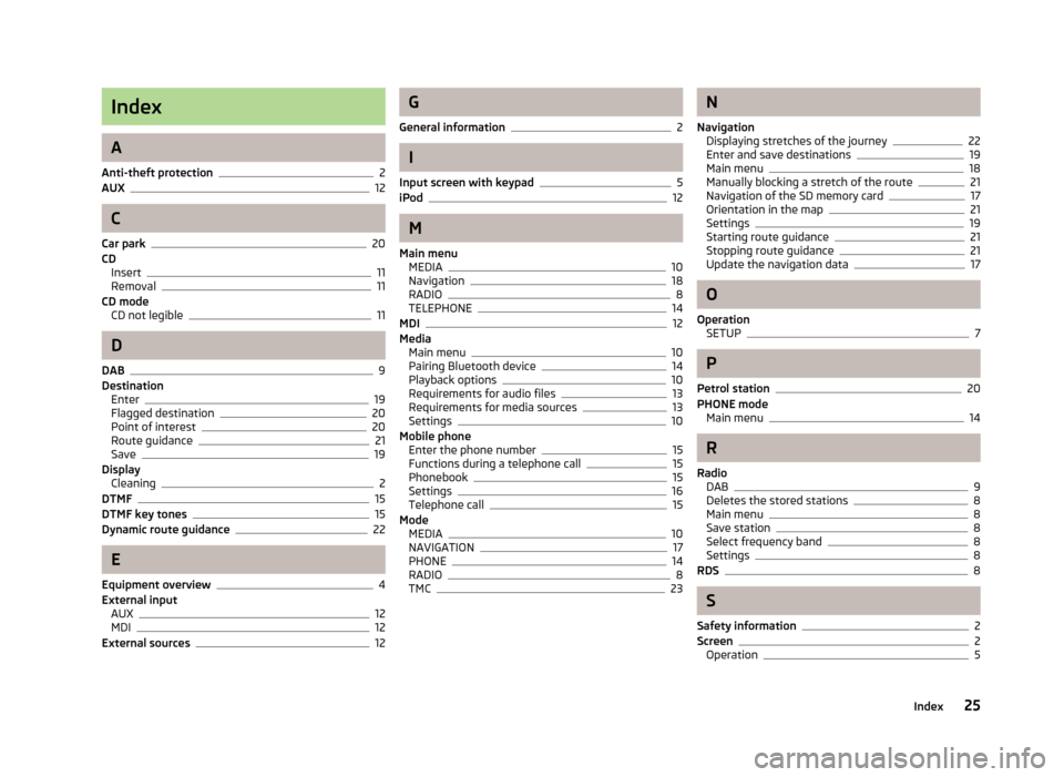 SKODA RAPID 2014 1.G amundsen Infotainment Navigation System Manual Index
A
Anti-theft protection
2
AUX12
C
Car park
20
CD Insert
11
Removal11
CD mode CD not legible
11
D
DAB
9
Destination Enter
19
Flagged destination20
Point of interest20
Route guidance21
Save19
Disp