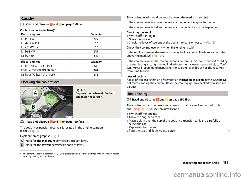 SKODA ROOMSTER 2014 1.G Owners Guide CapacityRead and observe
and on page 150 first.
Coolant capacity (in litres) 1)
Petrol enginesCapacity1.2 l/51 kW5.51.2l/63 kW TSI7.71.2l/77 kW TSI7.71.4 l/63 kW5.51.6 l/77 kW5.5Diesel enginesCapac SKODA ROOMSTER 2014 1.G Owners Guide CapacityRead and observe
and on page 150 first.
Coolant capacity (in litres) 1)
Petrol enginesCapacity1.2 l/51 kW5.51.2l/63 kW TSI7.71.2l/77 kW TSI7.71.4 l/63 kW5.51.6 l/77 kW5.5Diesel enginesCapac