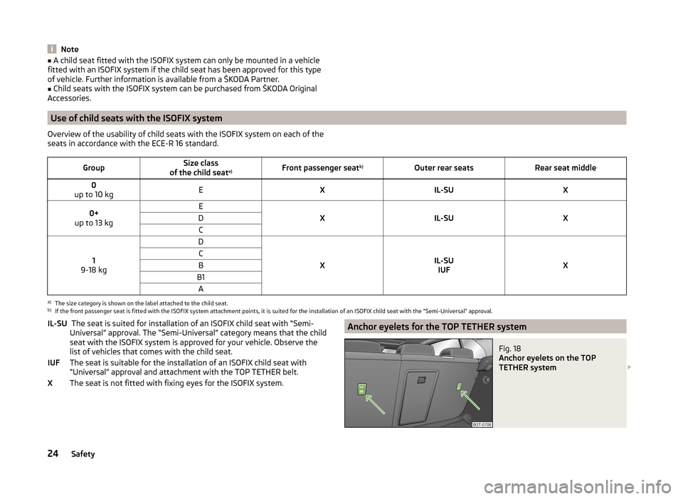 SKODA SUPERB 2014 2.G / (B6/3T) Owners Manual Note■A child seat fitted with the ISOFIX system can only be mounted in a vehicle
fitted with an ISOFIX system if the child seat has been approved for this type
of vehicle. Further information is ava