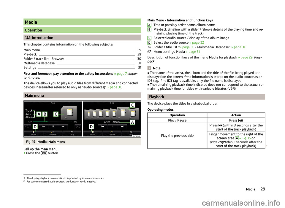 SKODA YETI 2014 1.G / 5L Amundsen Infotainment Navigation System Manual Media
Operation
Introduction
This chapter contains information on the following subjects:
Main menu
29
Playback
29
Folder / track list - Browser
30
Multimedia database
31
Settings
31
First and fore SKODA YETI 2014 1.G / 5L Amundsen Infotainment Navigation System Manual Media
Operation
Introduction
This chapter contains information on the following subjects:
Main menu
29
Playback
29
Folder / track list - Browser
30
Multimedia database
31
Settings
31
First and fore