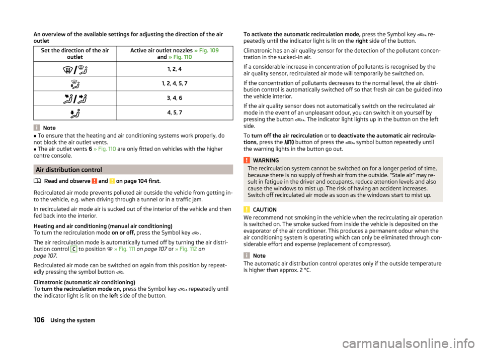 SKODA YETI 2014 1.G / 5L Owners Manual An overview of the available settings for adjusting the direction of the air
outletSet the direction of the air outletActive air outlet nozzles » Fig. 109
and » Fig. 110 1, 2 , 41, 2 SKODA YETI 2014 1.G / 5L Owners Manual An overview of the available settings for adjusting the direction of the air
outletSet the direction of the air outletActive air outlet nozzles » Fig. 109
and » Fig. 110 1, 2 , 41, 2