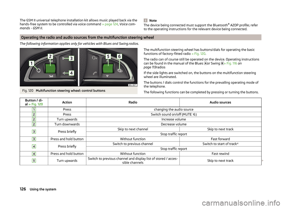 SKODA YETI 2014 1.G / 5L Owners Manual The GSM II universal telephone installation kit allows music played back via the
hands-free system to be controlled via voice command » page 124, Voice com-
mands - GSM II .NoteThe device being conn SKODA YETI 2014 1.G / 5L Owners Manual The GSM II universal telephone installation kit allows music played back via the
hands-free system to be controlled via voice command » page 124, Voice com-
mands - GSM II .NoteThe device being conn