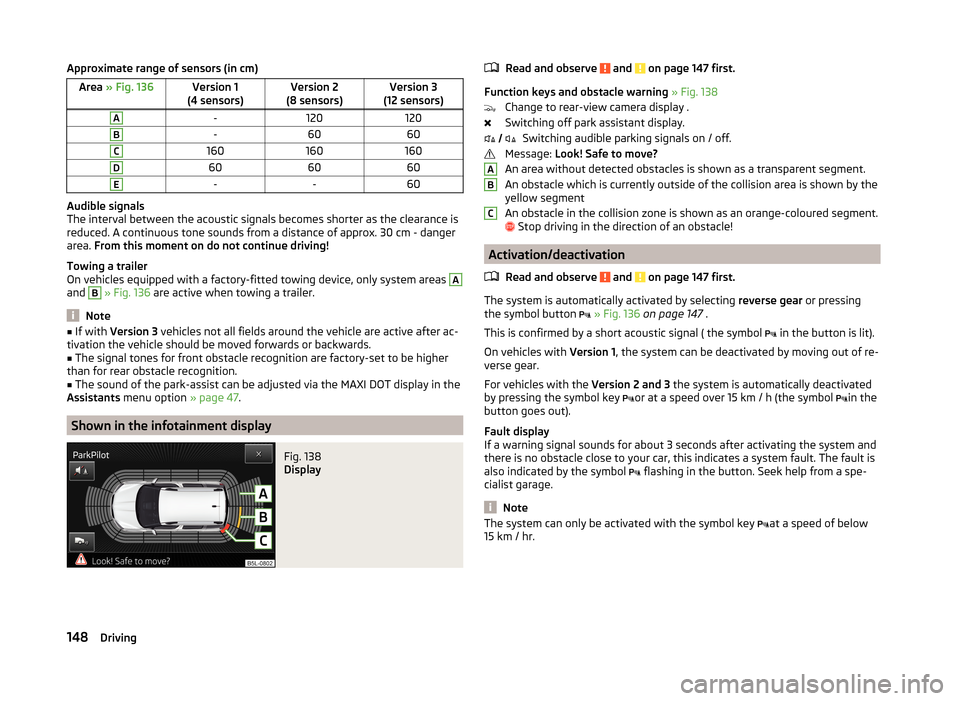 SKODA YETI 2014 1.G / 5L Owners Manual Approximate range of sensors (in cm)Area » Fig. 136Version 1
(4 sensors)Version 2
(8 sensors)Version 3
(12 sensors)A-120120B-6060C160160160D606060E--60
Audible signals
The interval between the acoust