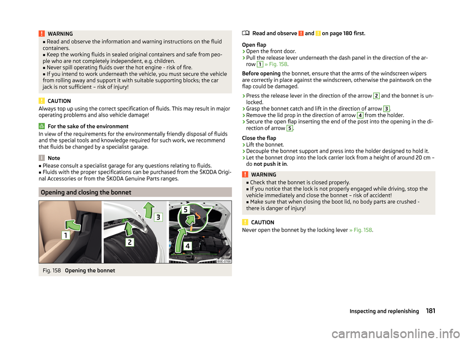 SKODA YETI 2014 1.G / 5L Owners Guide WARNING■Read and observe the information and warning instructions on the fluid
containers.■
Keep the working fluids in sealed original containers and safe from peo-
ple who are not completely inde SKODA YETI 2014 1.G / 5L Owners Guide WARNING■Read and observe the information and warning instructions on the fluid
containers.■
Keep the working fluids in sealed original containers and safe from peo-
ple who are not completely inde