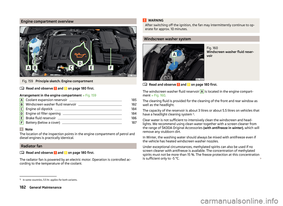 SKODA YETI 2014 1.G / 5L Owners Manual Engine compartment overviewFig. 159
Principle sketch: Engine compartment
Read and observe
and on page 180 first.
Arrangement in the engine compartment » Fig. 159
Coolant expansion reservoir
185
SKODA YETI 2014 1.G / 5L Owners Manual Engine compartment overviewFig. 159
Principle sketch: Engine compartment
Read and observe
and on page 180 first.
Arrangement in the engine compartment » Fig. 159
Coolant expansion reservoir
185