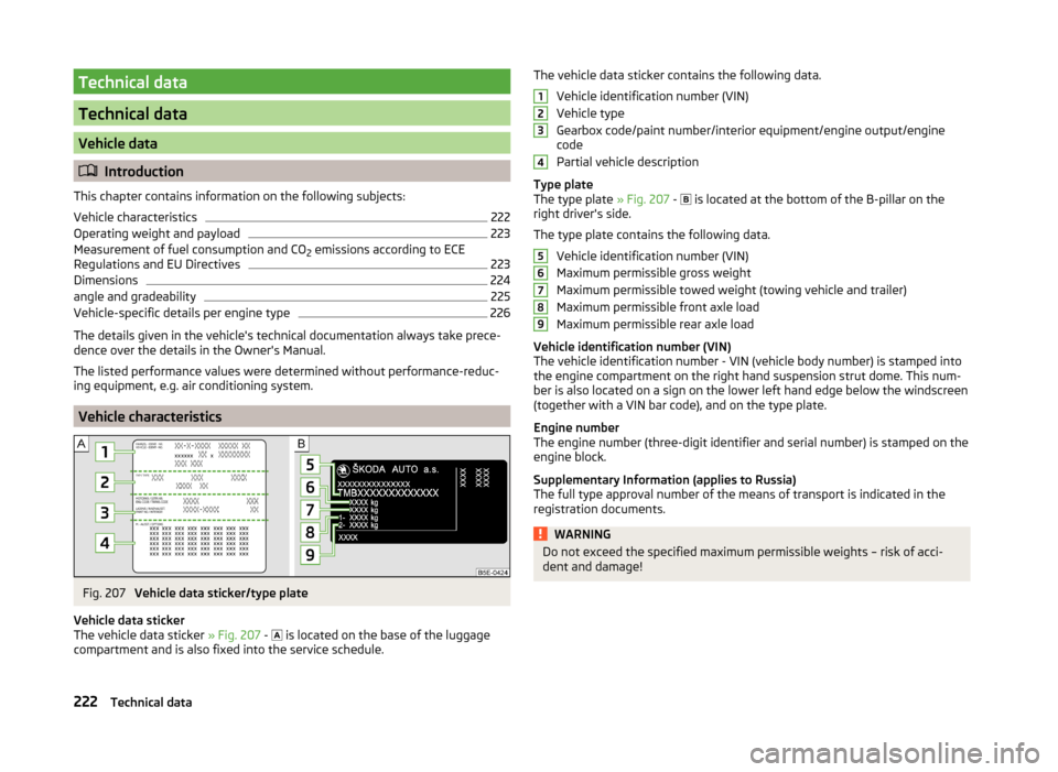 SKODA YETI 2014 1.G / 5L Owners Manual Technical data
Technical data
Vehicle data
Introduction
This chapter contains information on the following subjects:
Vehicle characteristics
222
Operating weight and payload
223
Measurement of fuel SKODA YETI 2014 1.G / 5L Owners Manual Technical data
Technical data
Vehicle data
Introduction
This chapter contains information on the following subjects:
Vehicle characteristics
222
Operating weight and payload
223
Measurement of fuel
