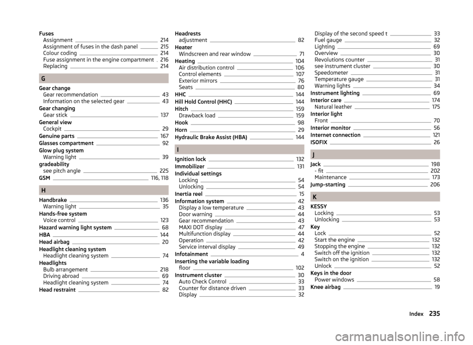 SKODA YETI 2014 1.G / 5L Owners Manual FusesAssignment214
Assignment of fuses in the dash panel215
Colour coding214
Fuse assignment in the engine compartment216
Replacing214
G
Gear change Gear recommendation
43
Information on the selected 