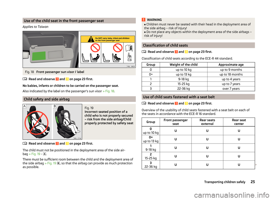 SKODA YETI 2014 1.G / 5L Owners Guide Use of the child seat in the front passenger seat
Applies to TaiwanFig. 18 
Front passenger sun visor / label
Read and observe 
 and  on page 23 first.
No babies, infants or children to be carried on 