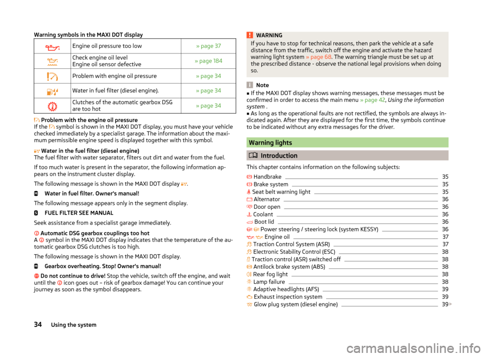 SKODA YETI 2014 1.G / 5L Owners Guide Warning symbols in the MAXI DOT displayEngine oil pressure too low» page 37Check engine oil level
Engine oil sensor defective» page 184Problem with engine oil pressure» page 34Water in SKODA YETI 2014 1.G / 5L Owners Guide Warning symbols in the MAXI DOT displayEngine oil pressure too low» page 37Check engine oil level
Engine oil sensor defective» page 184Problem with engine oil pressure» page 34Water in