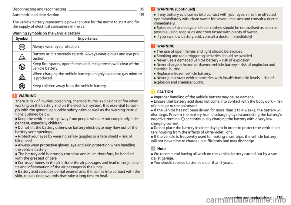 SKODA CITIGO 2015 1.G Owners Manual Disconnecting and reconnecting115
Automatic load deactivation
115
The vehicle battery represents a power source for the motor to start and for
the supply of electrical consumers in the car.
Warning sy