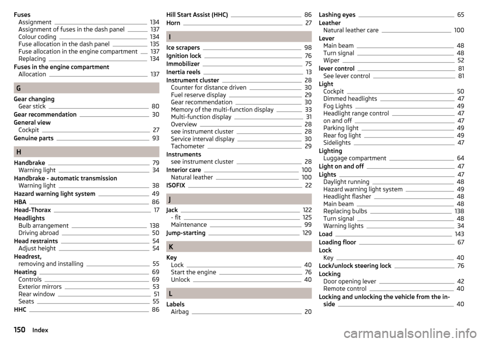 SKODA CITIGO 2015 1.G Owners Manual FusesAssignment134
Assignment of fuses in the dash panel137
Colour coding134
Fuse allocation in the dash panel135
Fuse allocation in the engine compartment137
Replacing134
Fuses in the engine compartm