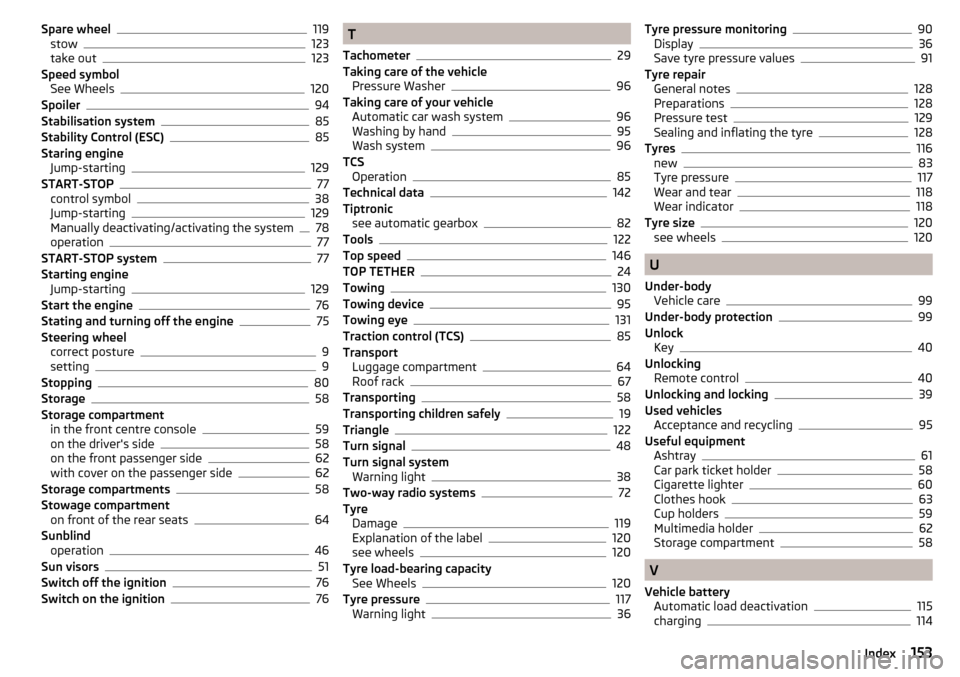 SKODA CITIGO 2015 1.G Owners Manual Spare wheel119
stow123
take out123
Speed symbol See Wheels
120
Spoiler94
Stabilisation system85
Stability Control (ESC)85
Staring engine Jump-starting
129
START-STOP77
control symbol38
Jump-starting12
