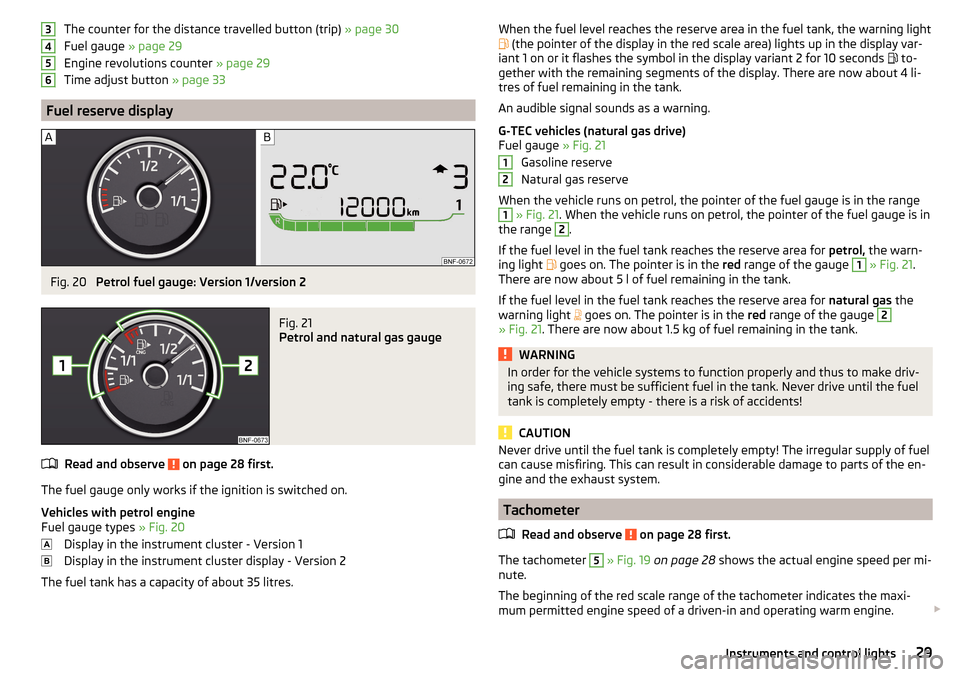 SKODA CITIGO 2015 1.G Owners Manual The counter for the distance travelled button (trip) » page 30
Fuel gauge  » page 29
Engine revolutions counter  » page 29
Time adjust button  » page 33
Fuel reserve display
Fig. 20 
Petrol fuel g